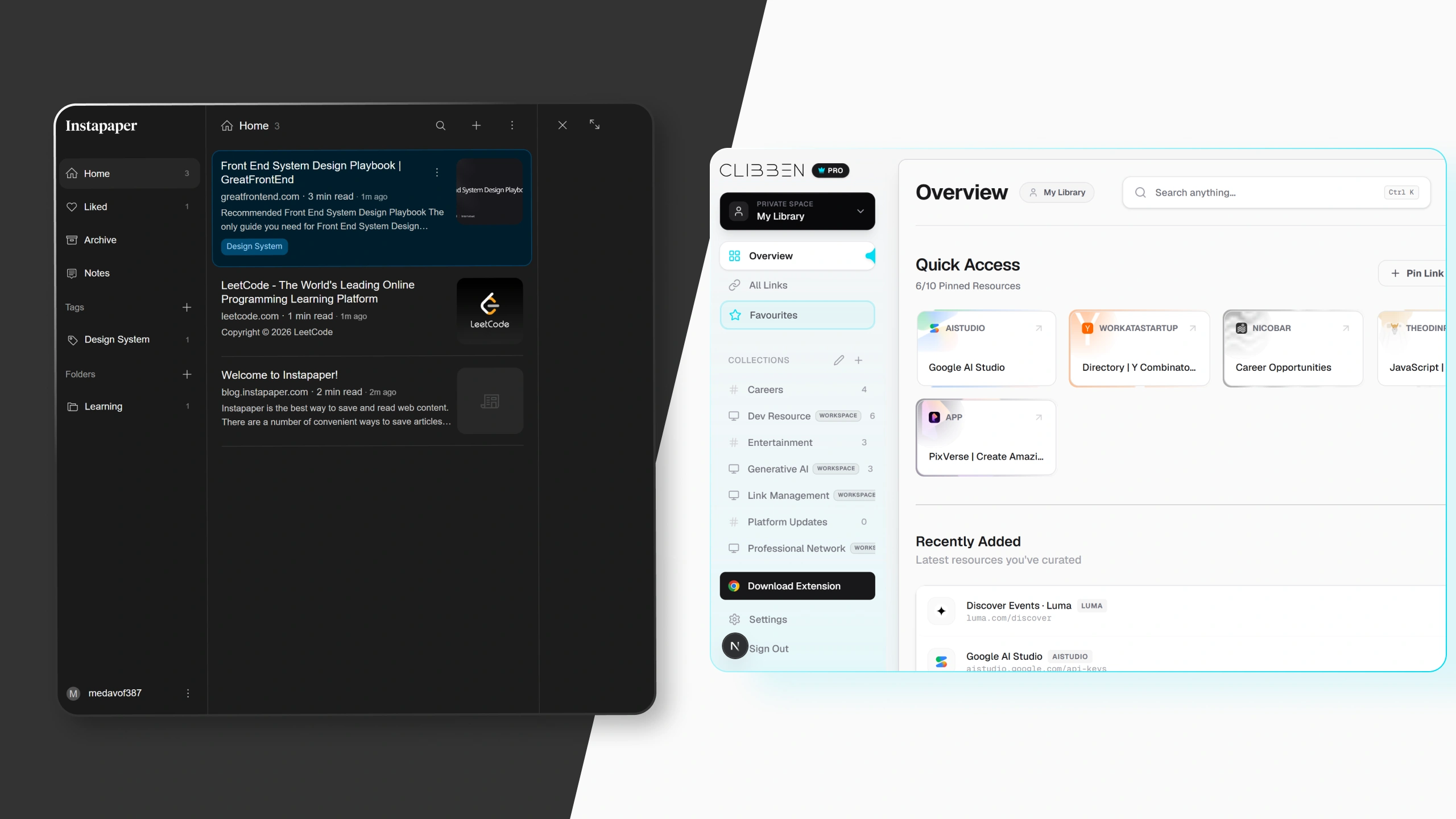 Clibben vs Instapaper UI Comparison
